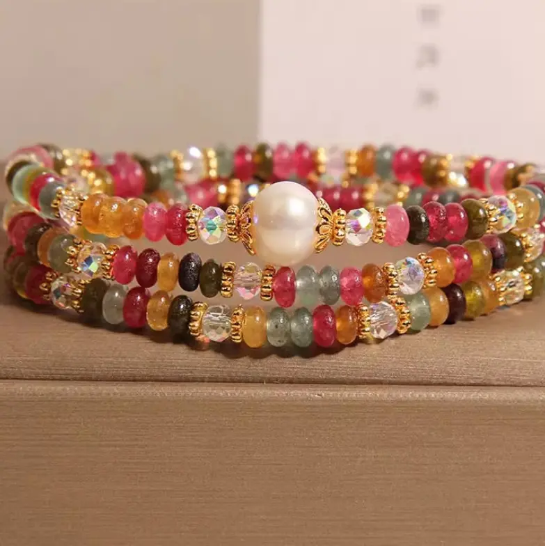 Chinese Rainbow Tourmaline Abacus Beads Double Ring Bracelet