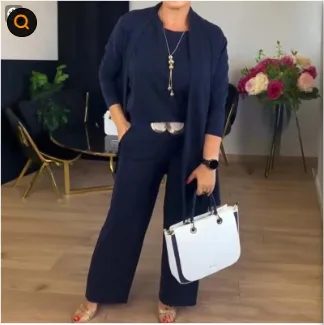 Round Neck Long Sleeve Top Belt Comfortable Blouse And Pants Blue - Shop at LoveMi