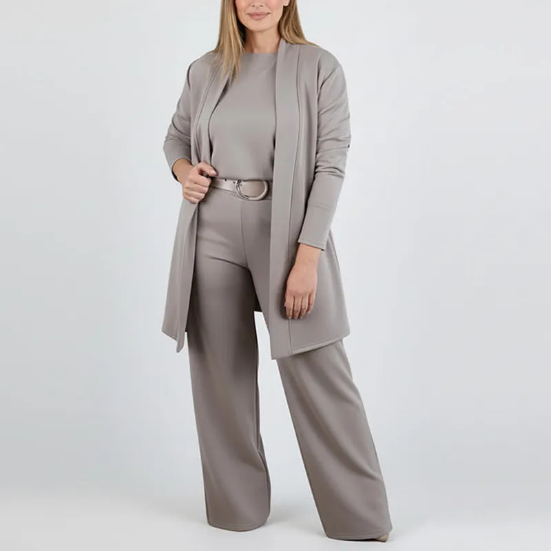 Round Neck Long Sleeve Top Belt Comfortable Blouse And Pants - Brown