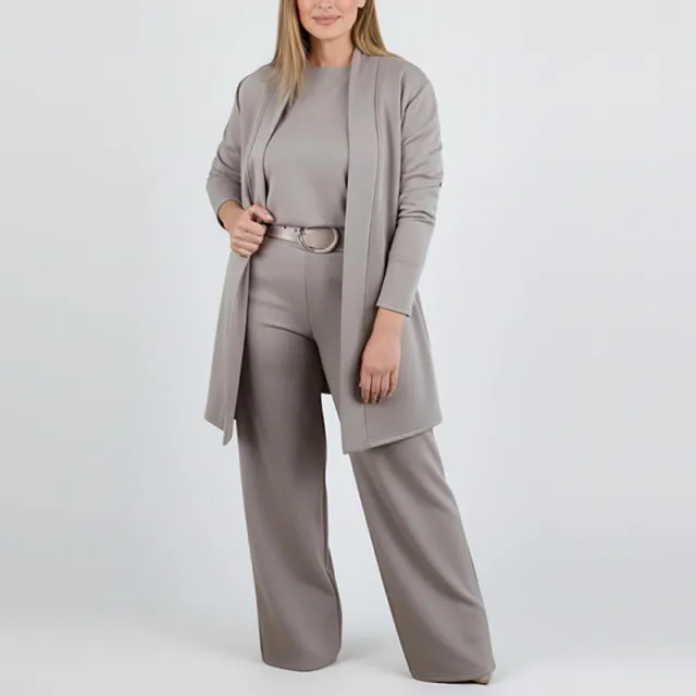 Round Neck Long Sleeve Top Belt Comfortable Blouse And Pants Brown - Shop at LoveMi