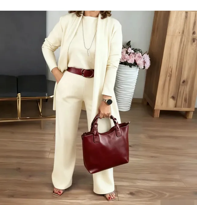 Round Neck Long Sleeve Top Belt Comfortable Blouse And Pants - White