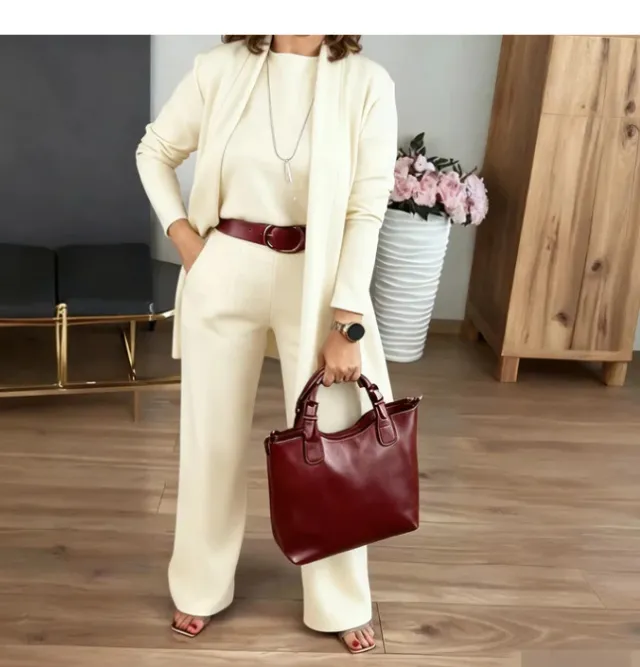 Round Neck Long Sleeve Top Belt Comfortable Blouse And Pants White - Shop at LoveMi