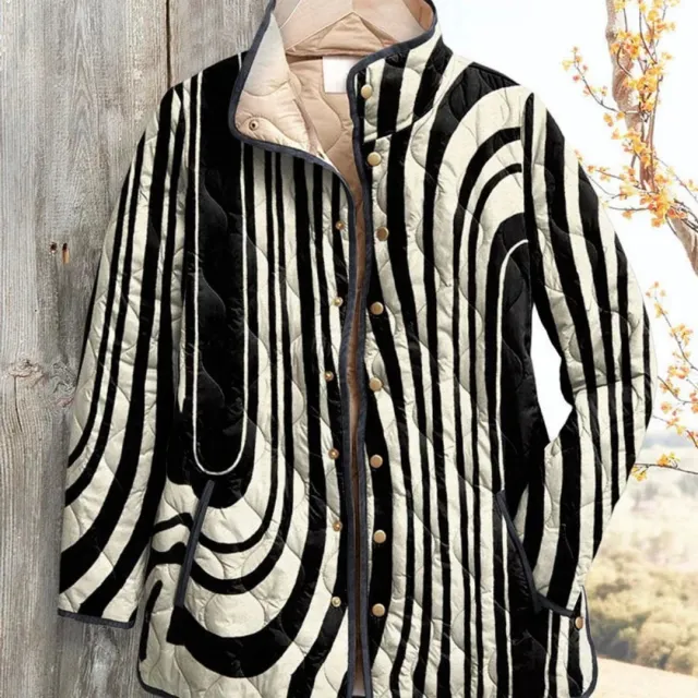 Women's Button Simple Geometric Pattern Stand up Collar Cotton padded Coat Black And White - Shop at LoveMi