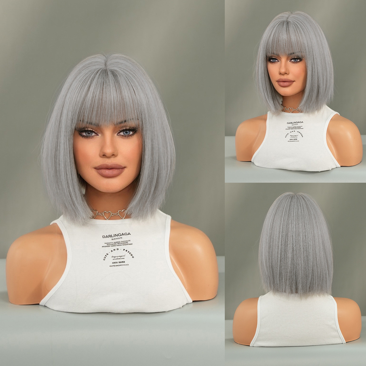 Black Short Hair Bobhaircut Straight Bangs Chemical Fiber Wig 3