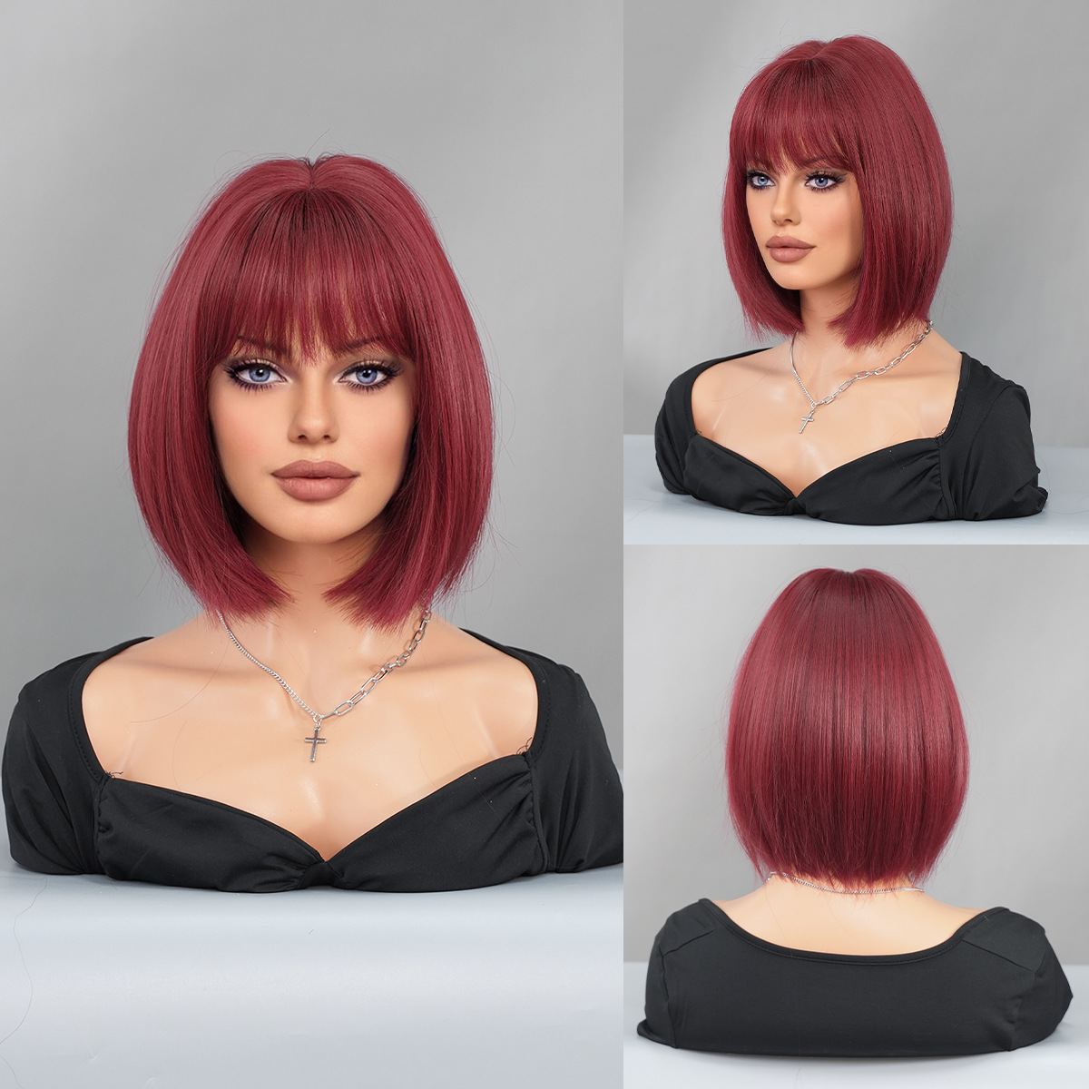 Black Short Hair Bobhaircut Straight Bangs Chemical Fiber Wig 7