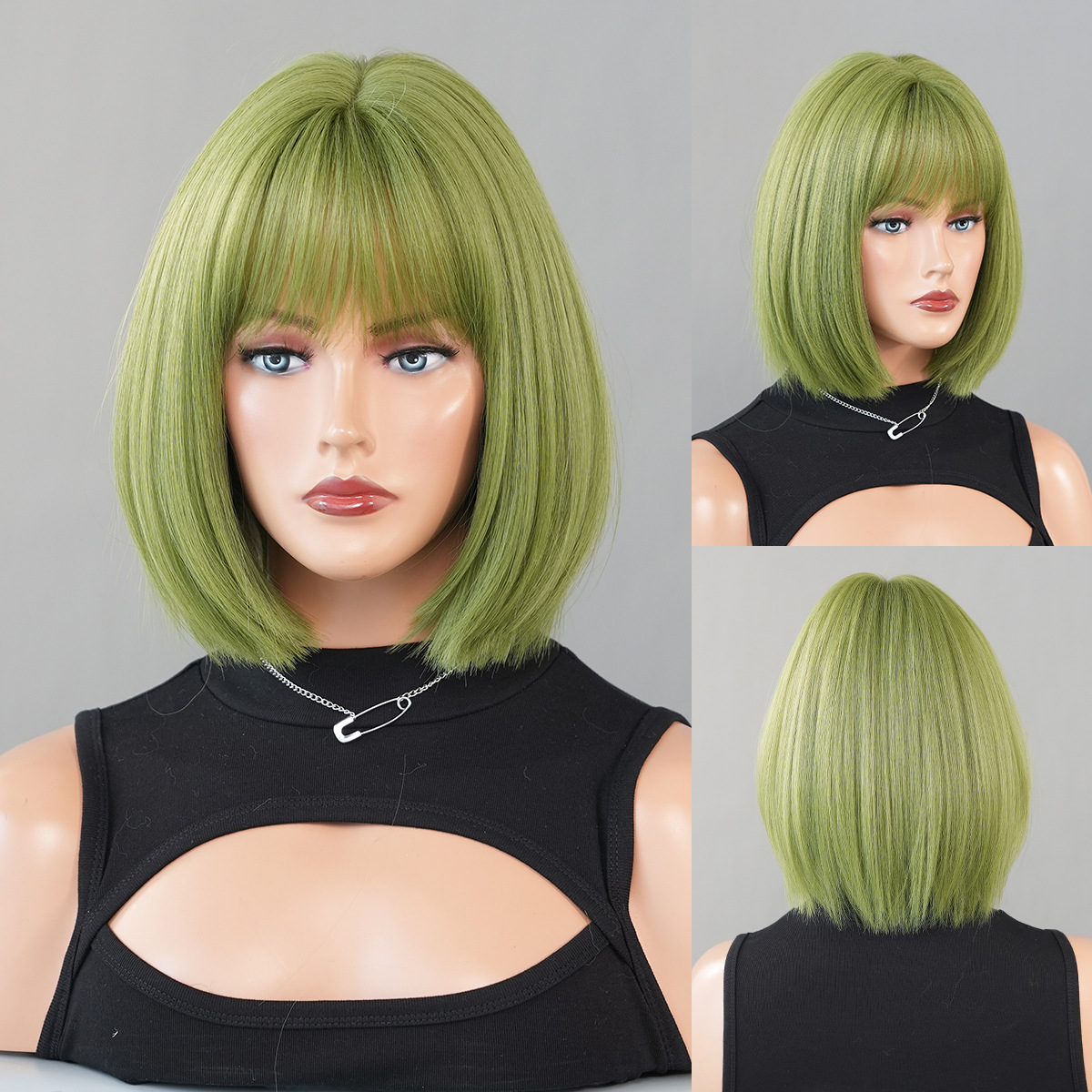 Black Short Hair Bobhaircut Straight Bangs Chemical Fiber Wig 6