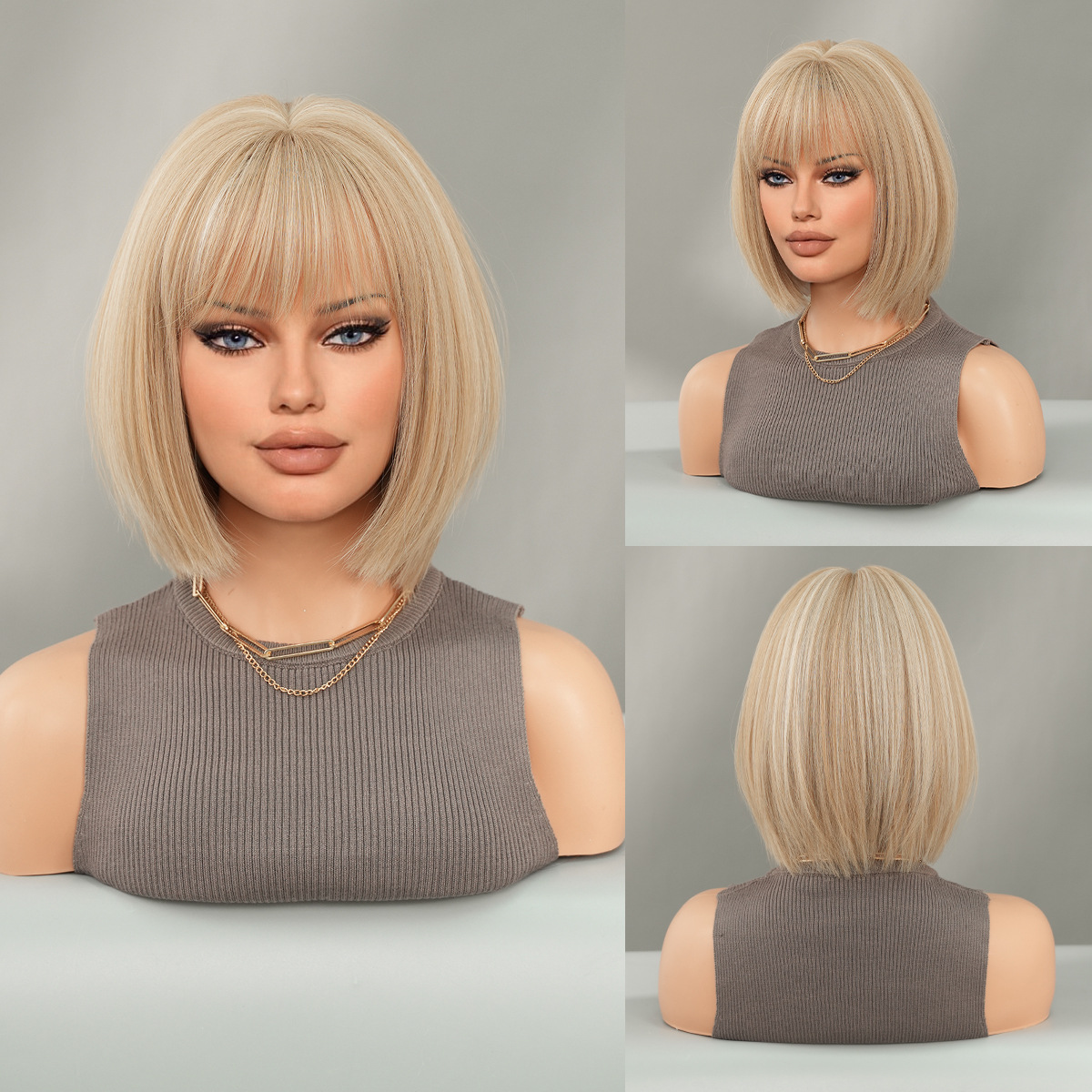 Black Short Hair Bobhaircut Straight Bangs Chemical Fiber Wig 5