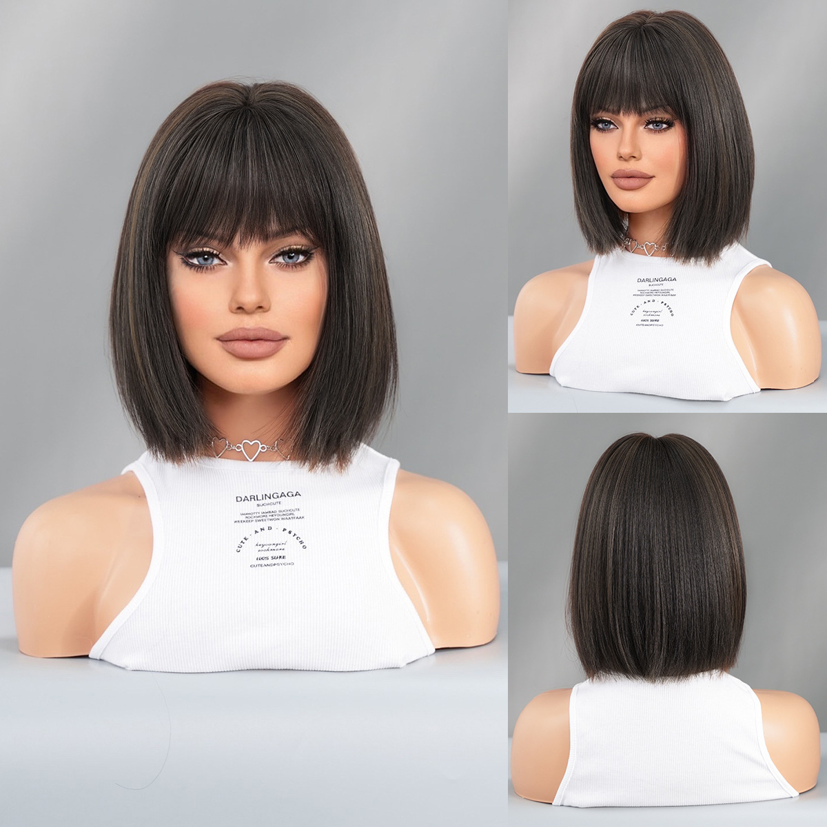 Black Short Hair Bobhaircut Straight Bangs Chemical Fiber Wig 4
