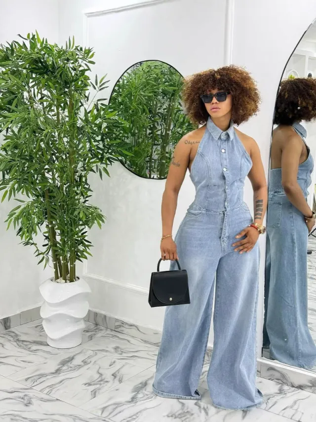Women's Casual Single breasted Backless Denim Jumpsuit Light Blue - Shop at LoveMi