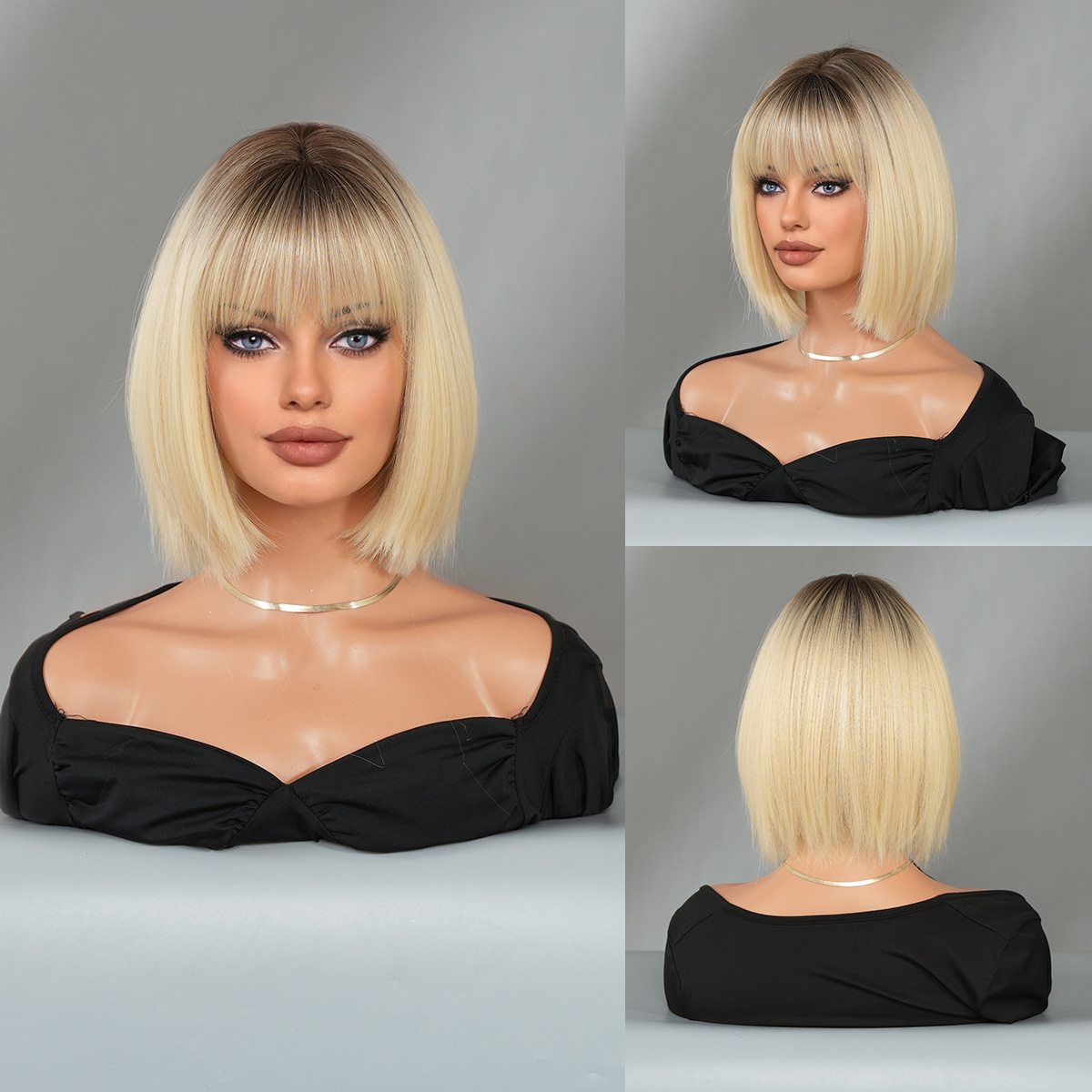 Black Short Hair Bobhaircut Straight Bangs Chemical Fiber Wig 8