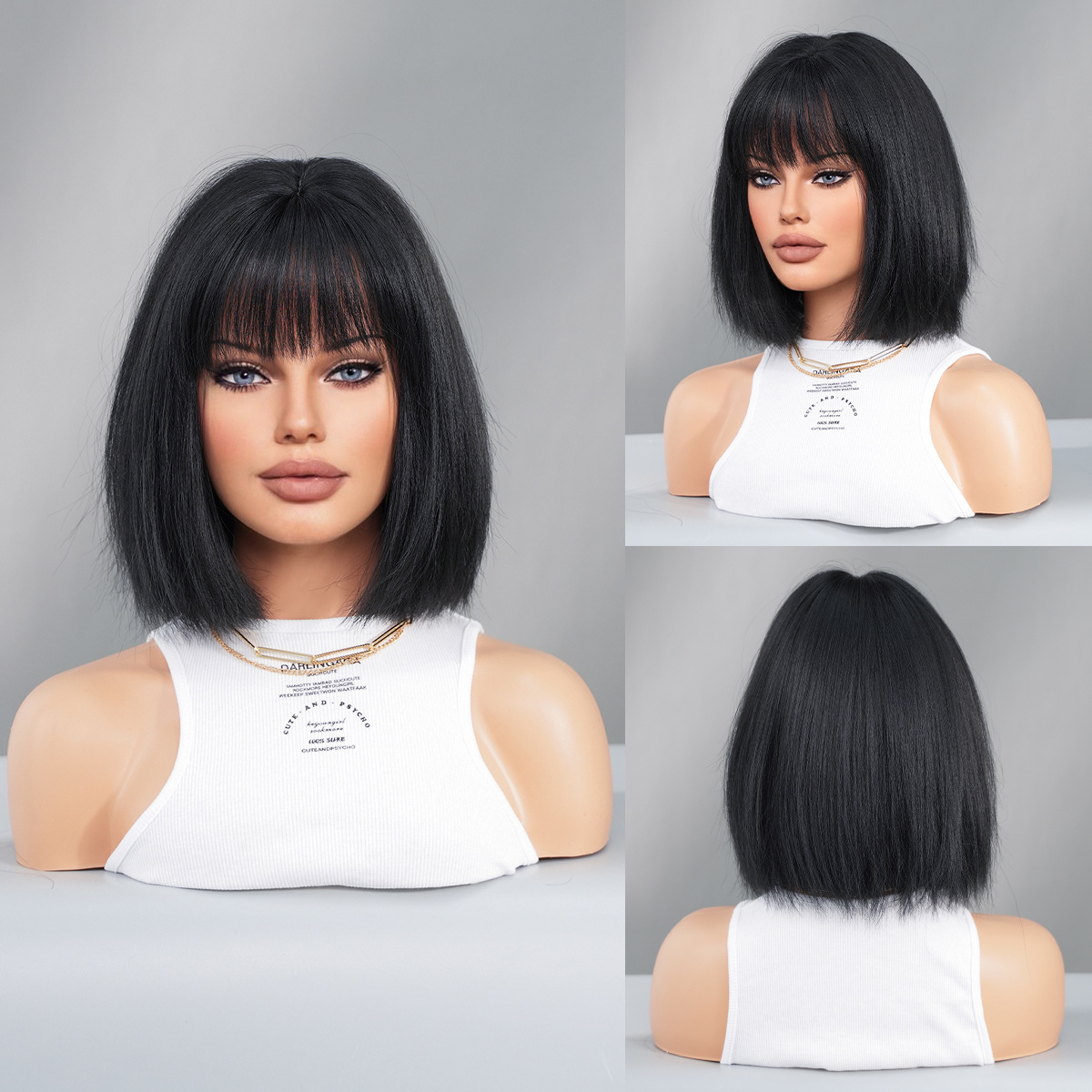 Black Short Hair Bobhaircut Straight Bangs Chemical Fiber Wig