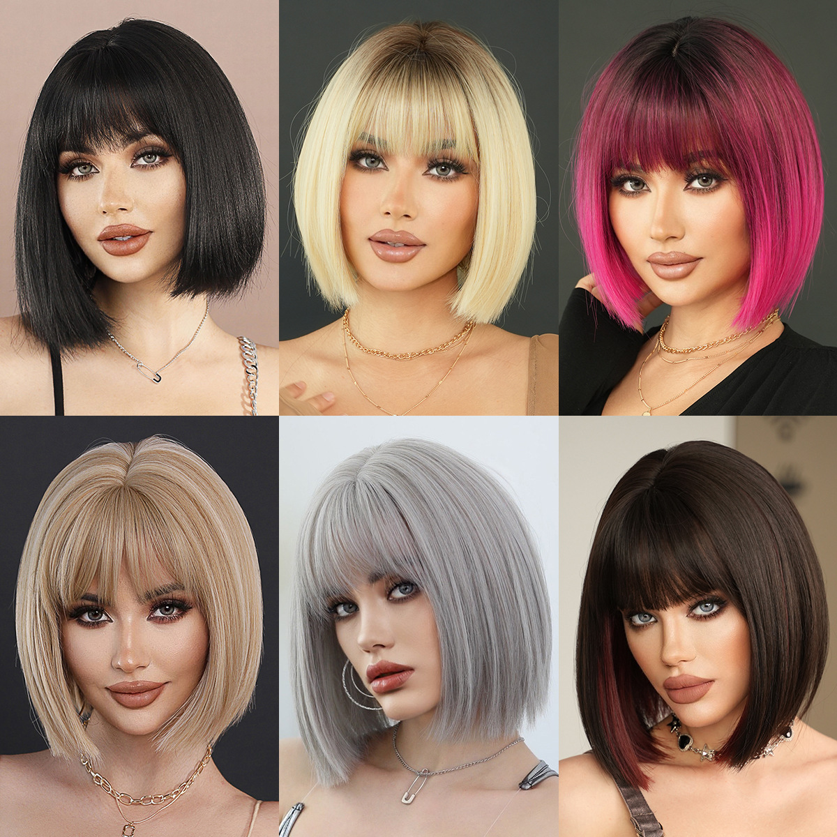 Black Short Hair Bobhaircut Straight Bangs Chemical Fiber Wig