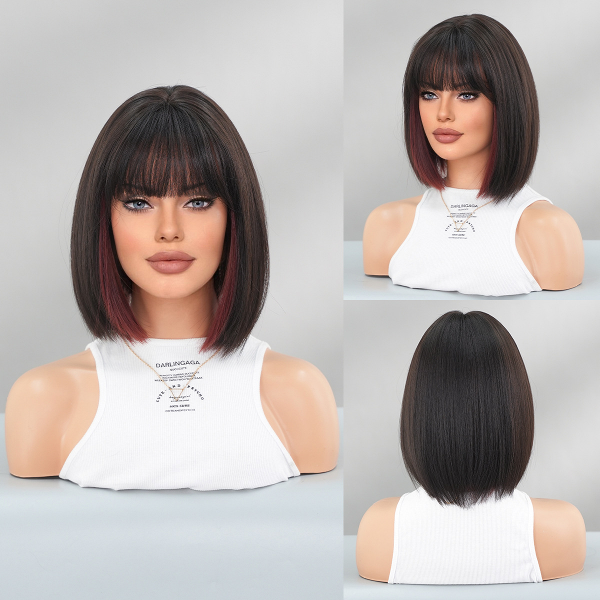 Black Short Hair Bobhaircut Straight Bangs Chemical Fiber Wig 10