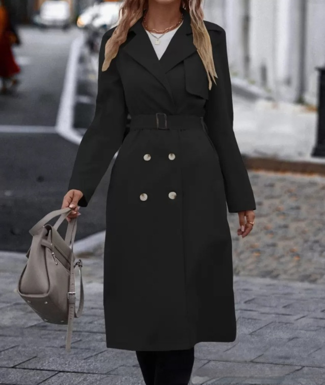 Zweireihiger Trenchcoat mit Revers und Gürtel Wintermode Einfarbig Long Jack - Bild 11 von 15