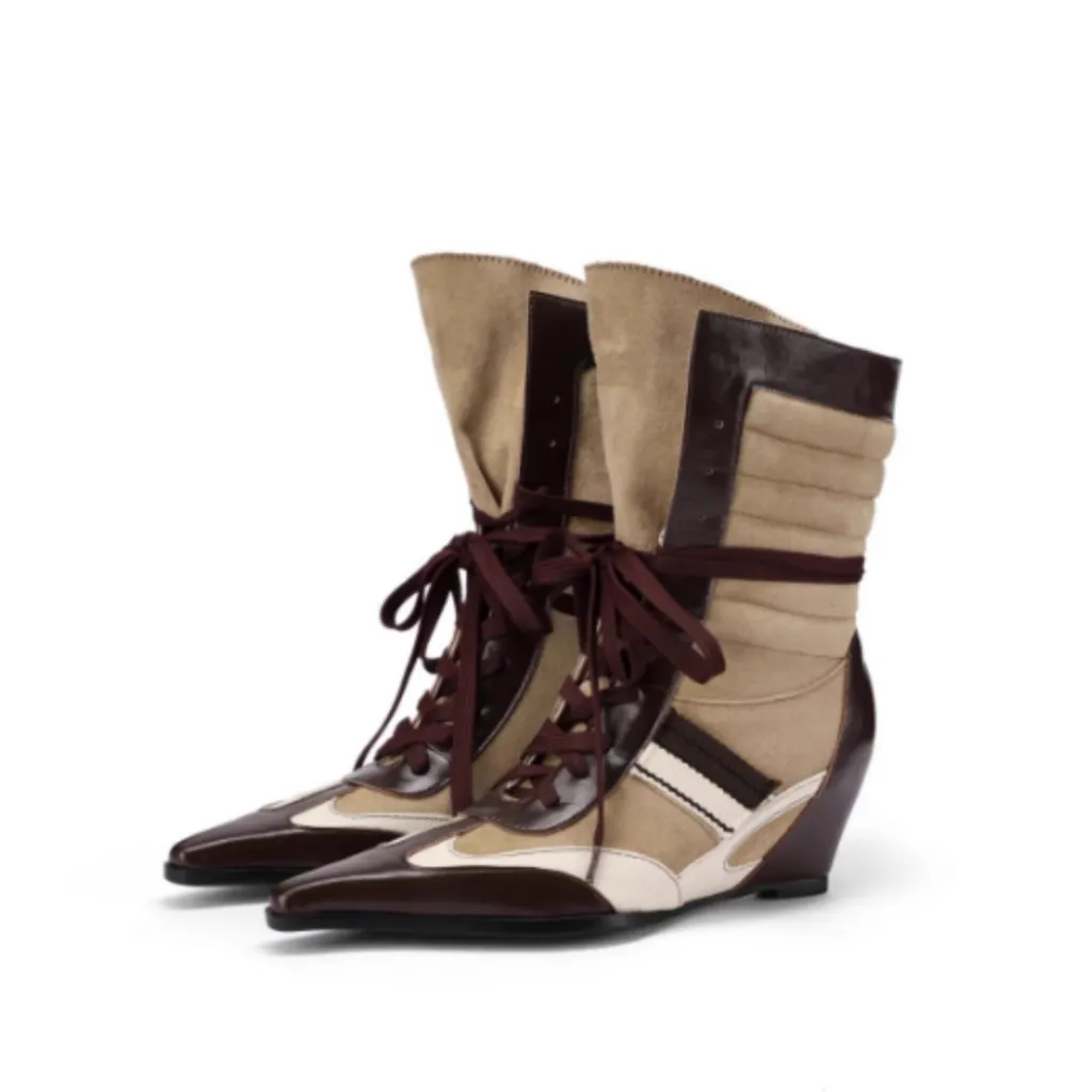 Women's Pointed Toe Retro Colorblock Fashion Ankle Boots - Brown