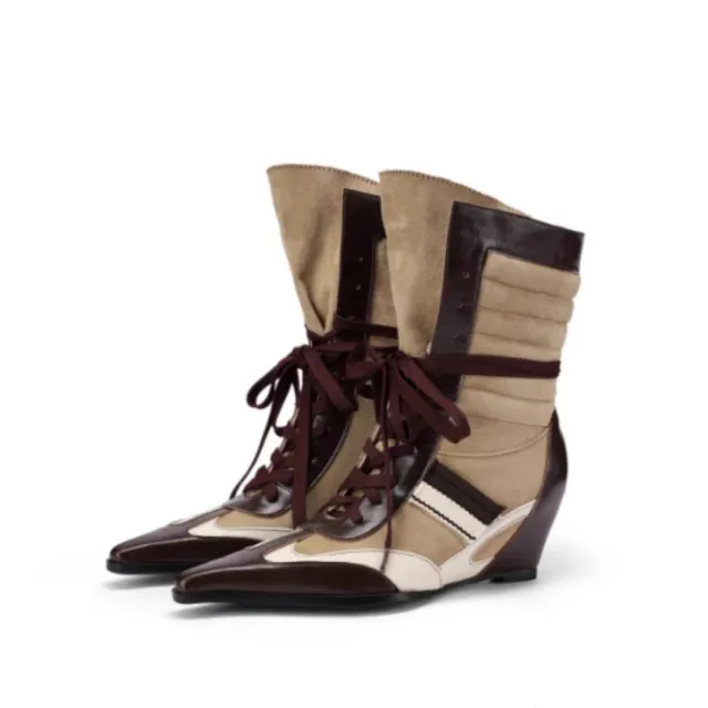 Women's Pointed Toe Retro Colorblock Fashion Ankle Boots Brown - Shop at LoveMi