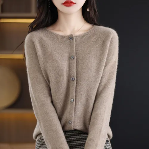 Cardigan Plus Size Coat Loose Round Neck Sweater Camel - Shop at LoveMi