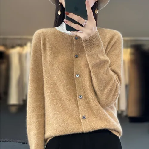 Cardigan Plus Size Coat Loose Round Neck Sweater Golden Camel - Shop at LoveMi