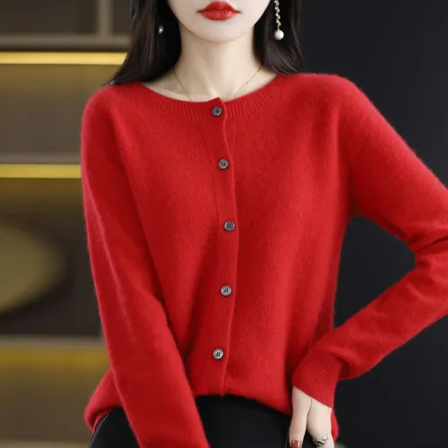 Cardigan Plus Size Coat Loose Round Neck Sweater Red - Shop at LoveMi