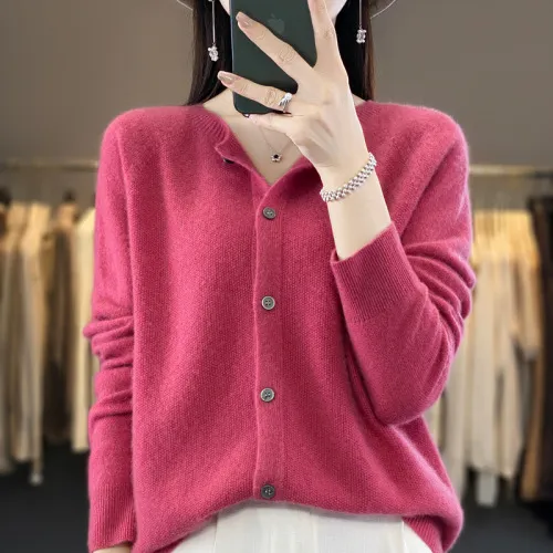 Cardigan Plus Size Coat Loose Round Neck Sweater Raspberry Color - Shop at LoveMi