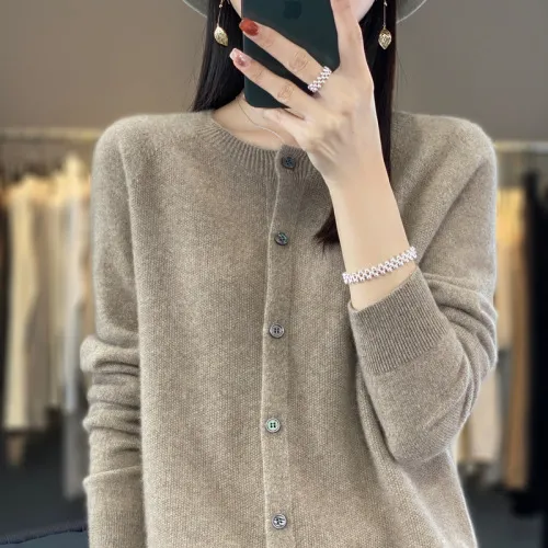 Cardigan Plus Size Coat Loose Round Neck Sweater Raw Velvet Camel - Shop at LoveMi