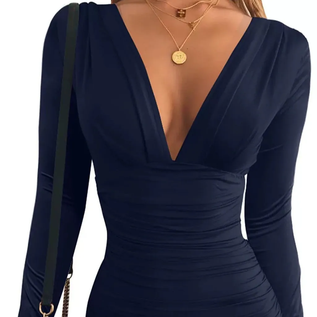 New V-neck Long Sleeve High Waist Sheath Dress For Women - Blue