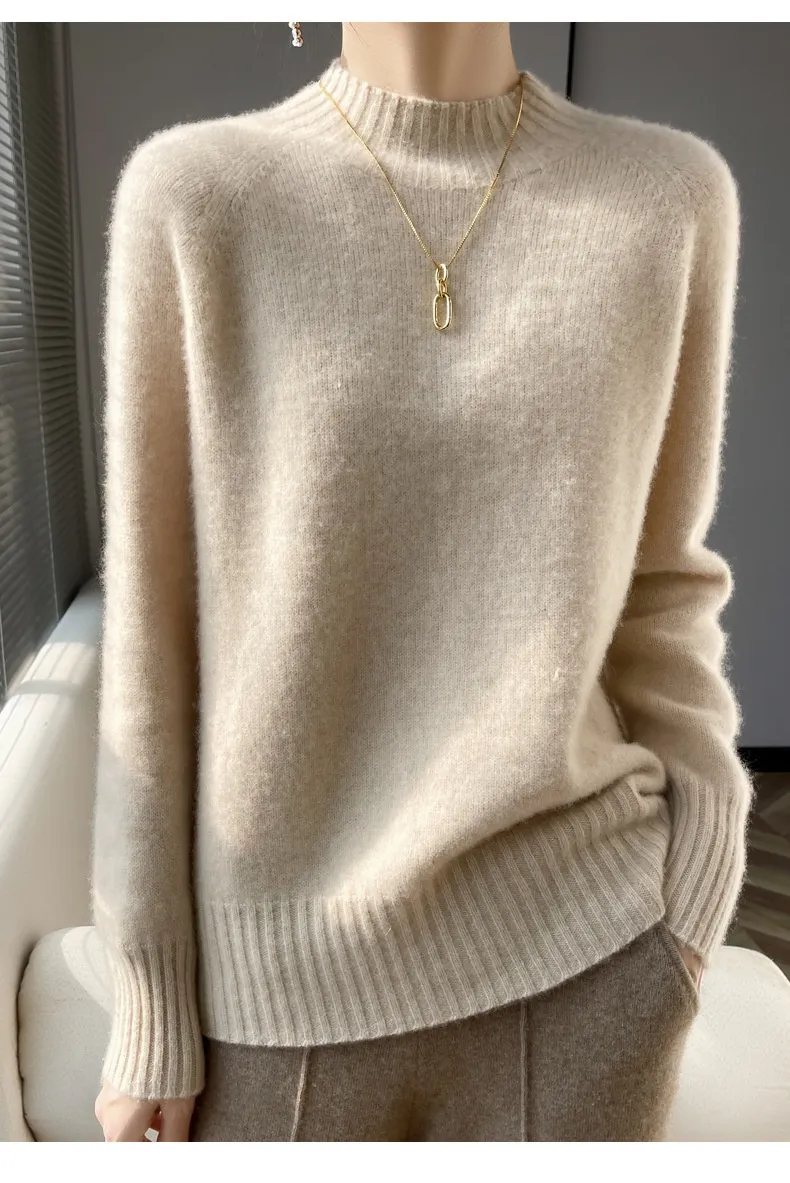 Thickened Half-high Collar Pure Wool Sweater Women's Seamless Sweaters Bottoming Shirt - Raw Velvet Rice