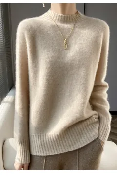 Thickened Half-high Collar Pure Wool Sweater Women's Seamless Sweaters Bottoming Shirt - Raw Velvet Rice - View 1