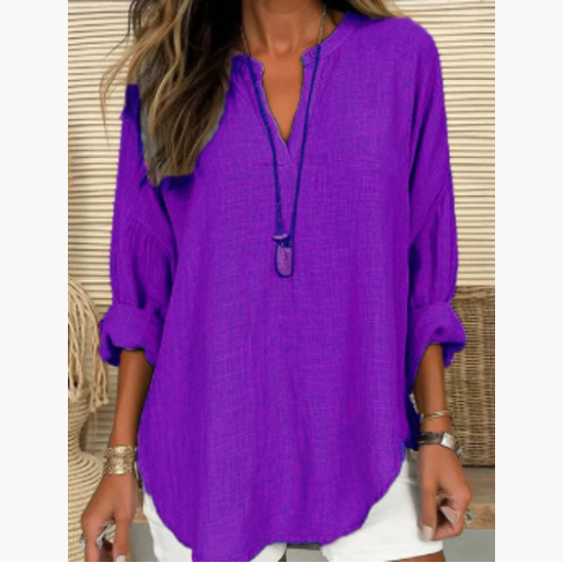 Women's Casual V neck Cotton And Linen Solid Color Shirt Purple - Shop at LoveMi