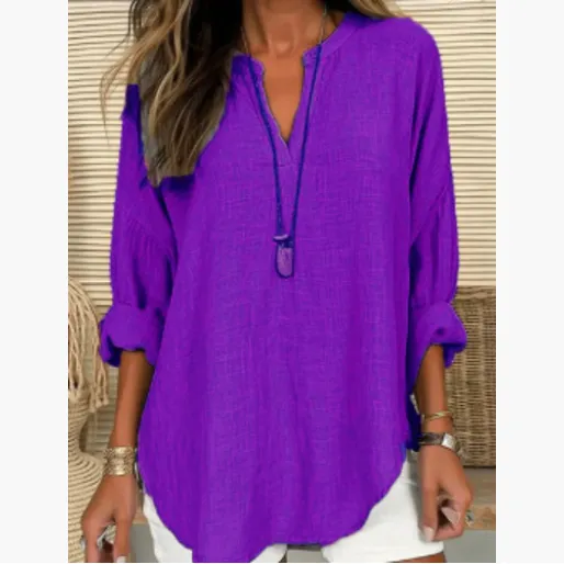 Women's Casual V neck Cotton And Linen Solid Color Shirt Purple - Shop at LoveMi