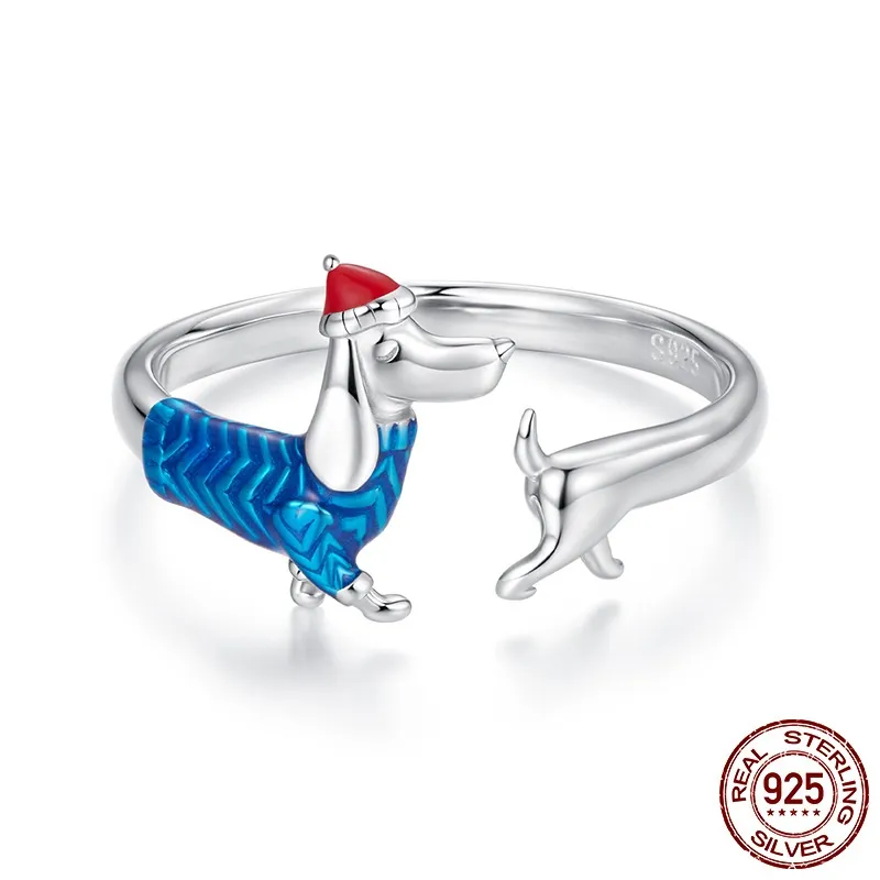 S925 Sterling Silver Christmas Sausage Dog Open Ring - Bsr721 E