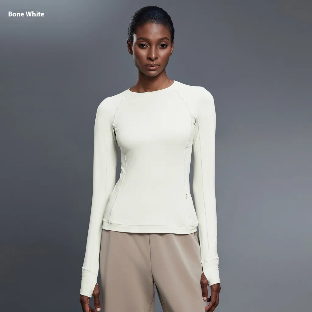 Round Neck Exercise T-shirt Women's Stretch Tight Long Sleeve Yoga Wear - Bone White