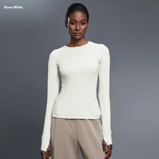 Round Neck Exercise T shirt Women's Stretch Tight Long Sleeve Yoga Wear Bone White - Shop at LoveMi