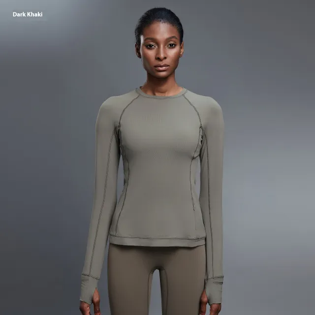 Round Neck Exercise T shirt Women's Stretch Tight Long Sleeve Yoga Wear Deep Khaki - Shop at LoveMi