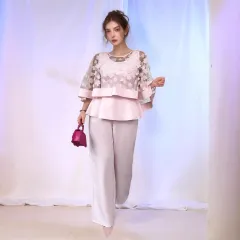 Net Yarn Flowers Long Sleeve Two-piece Set - Light Pink - View 1