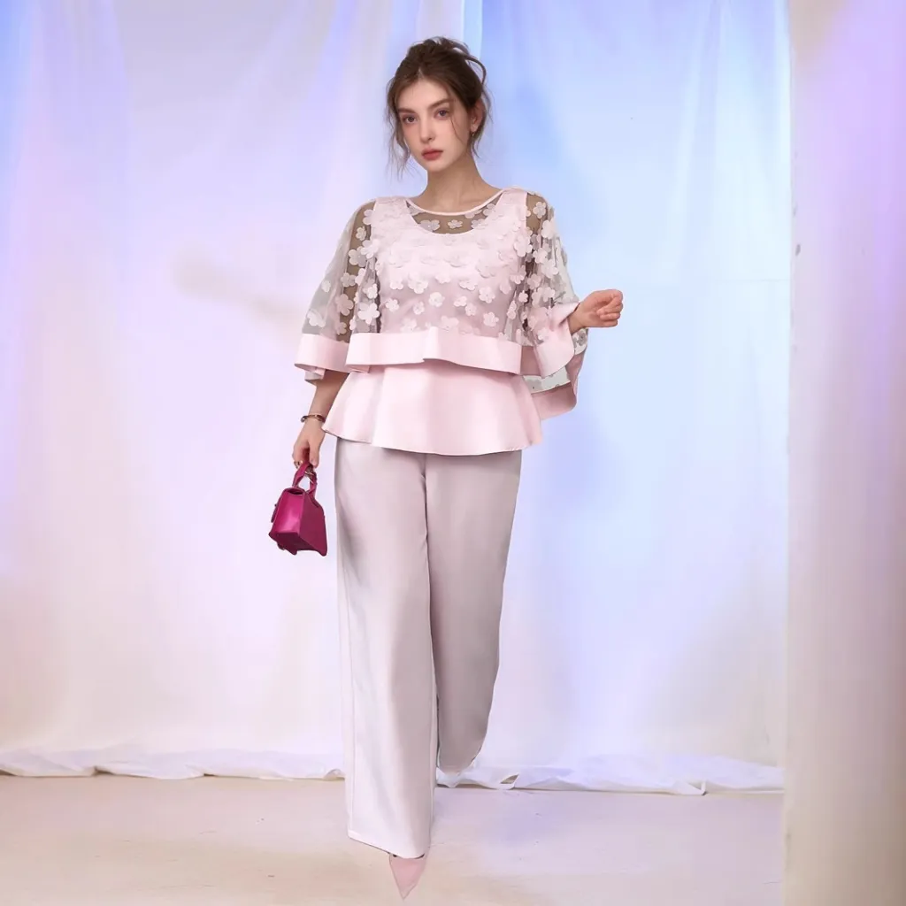 Net Yarn Flowers Long Sleeve Two-piece Set - Light Pink