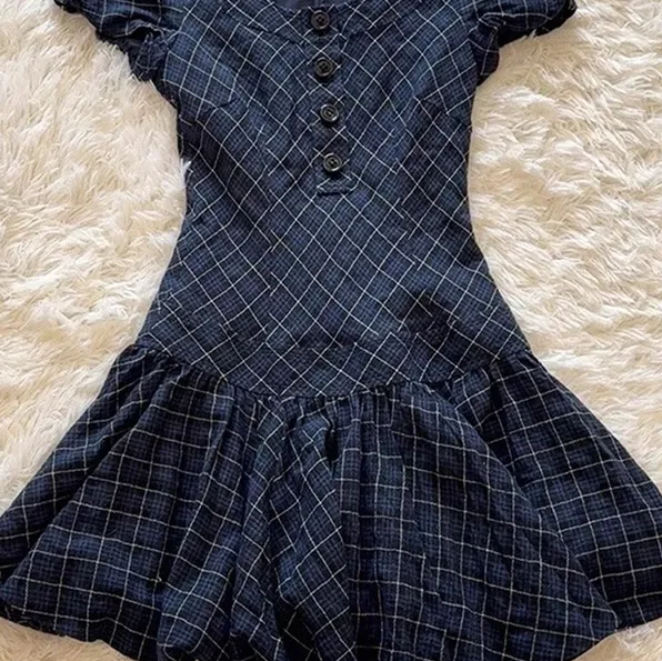 French Style Temperament V neck Puff Sleeve Mesh Dress Women's Retro Blue - Shop at LoveMi