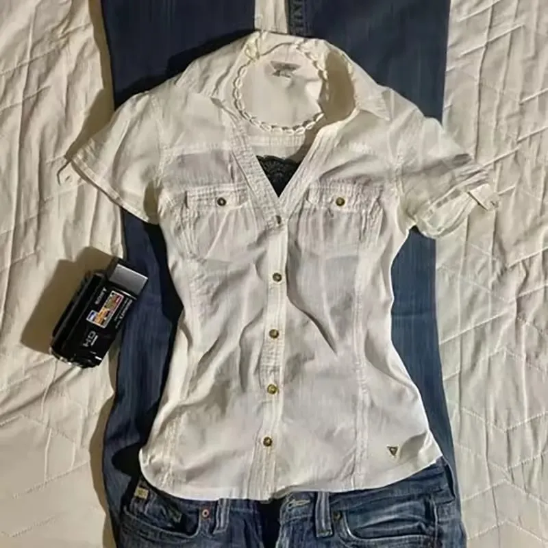 Graceful Collar Lapel Pleated Single-breasted Slim Fitted Waist Striped Solid Color Shirt - White