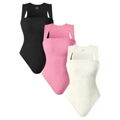Thread Square Neck Jumpsuit Sleeveless Slim Fit Tank Top Summer Shapewear Black Glittering Powder Beige - Shop at LoveMi