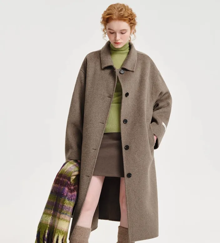 Double-sided Cashmere Lapel Wide Woolen Coat - Coffee