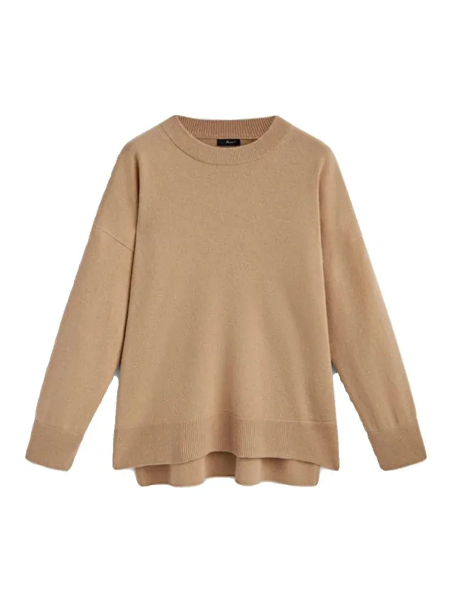 Laminated Shawl Round Neck Sweater Woman Camel - Shop at LoveMi