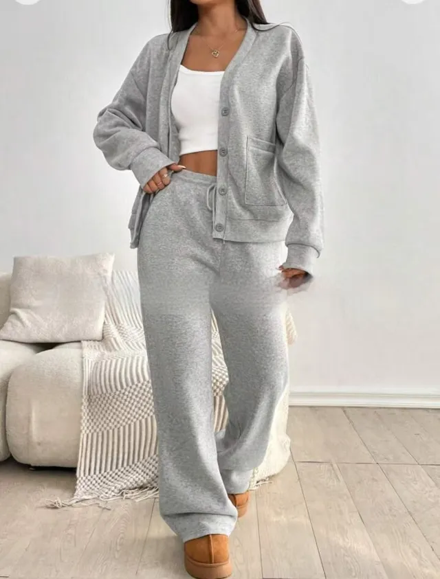Autumn And Winter Women's Cardigan Jacket Wide Leg Pants Casual Suit Gray - Shop at LoveMi