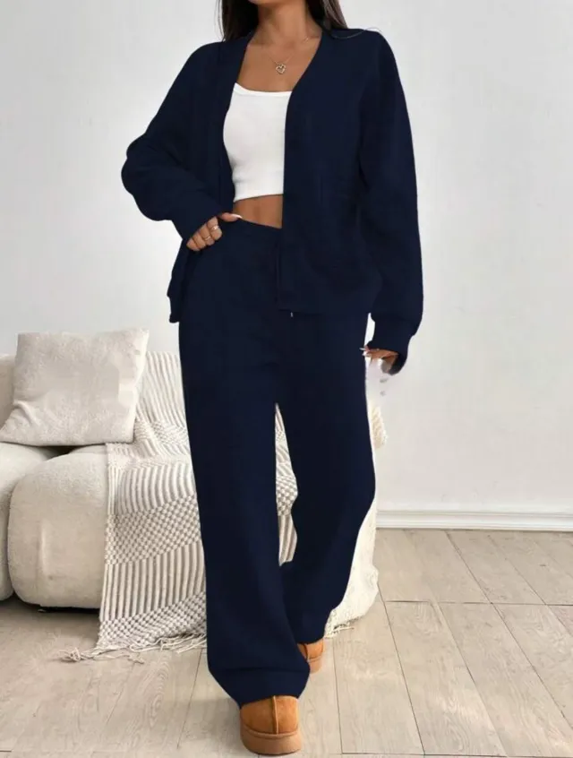 Autumn And Winter Women's Cardigan Jacket Wide Leg Pants Casual Suit Navy - Shop at LoveMi