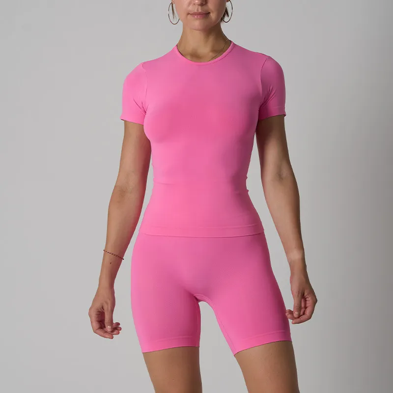 Women's Nude Feel Seamless Short-sleeved Shorts Yoga Workout Clothes - Rose
