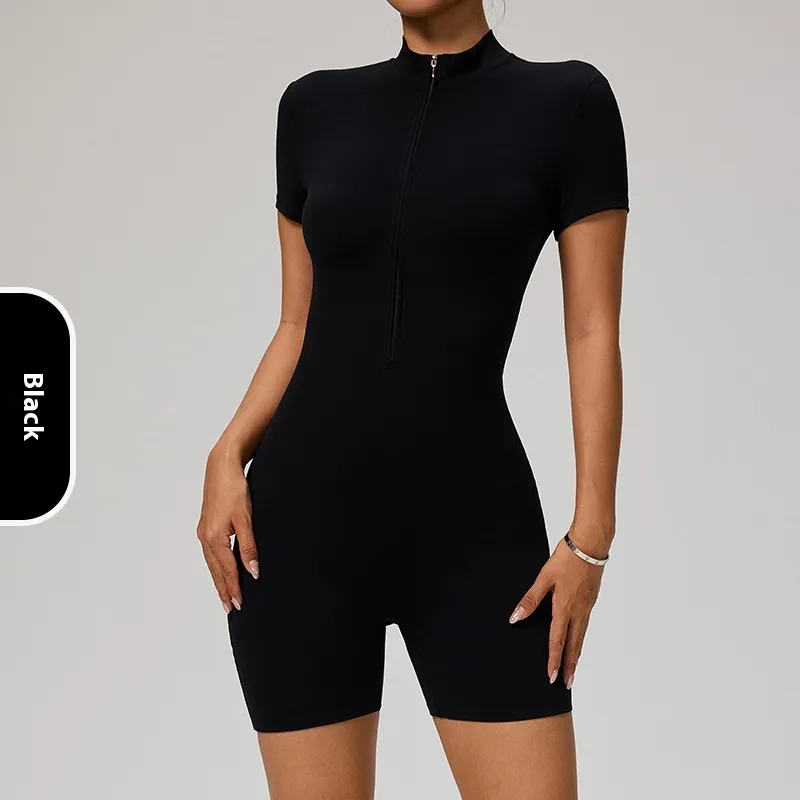 Zipper Short Sleeve Yoga Jumpsuit Women's Sports Jumpsuit - Advanced Black