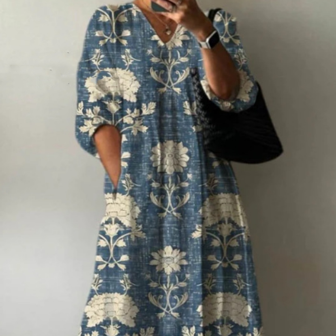 European And American Women's Casual Fashion Printing V-neck Mid-length Dress