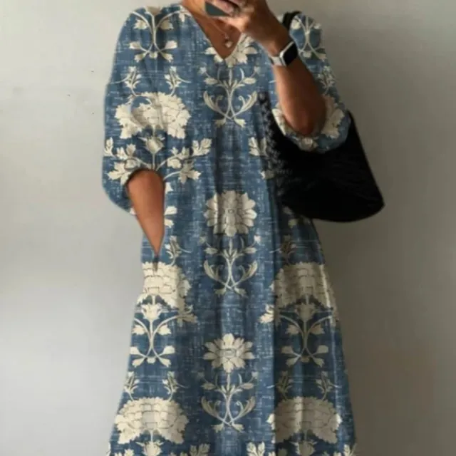 European And American Women's Casual Fashion Printing V neck Mid length Dress Ckqz D014 - Shop at LoveMi