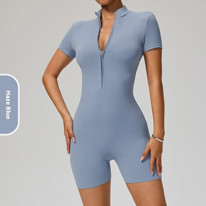 Zipper Short Sleeve Yoga Jumpsuit Women's Sports Jumpsuit - Haze Blue
