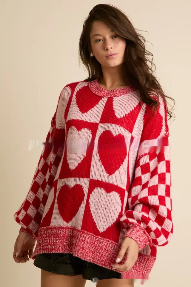 European And American Women's Clothing Valentine's Day Contrast Color Loose Sweater Red - Shop at LoveMi