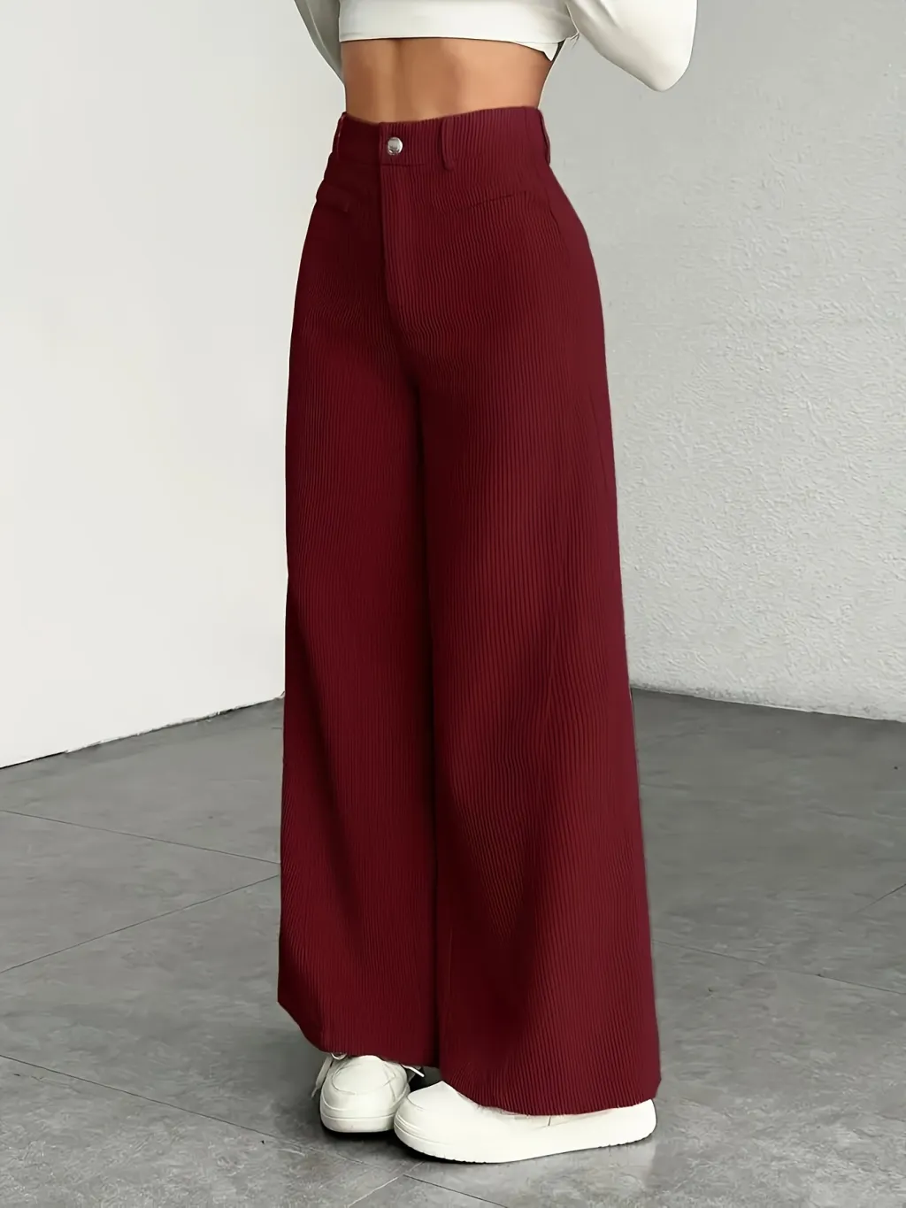 High Waist Wide Leg Pants With Vertical Stripes Straight Mopping Pants Commuter's All-matching - Wine
